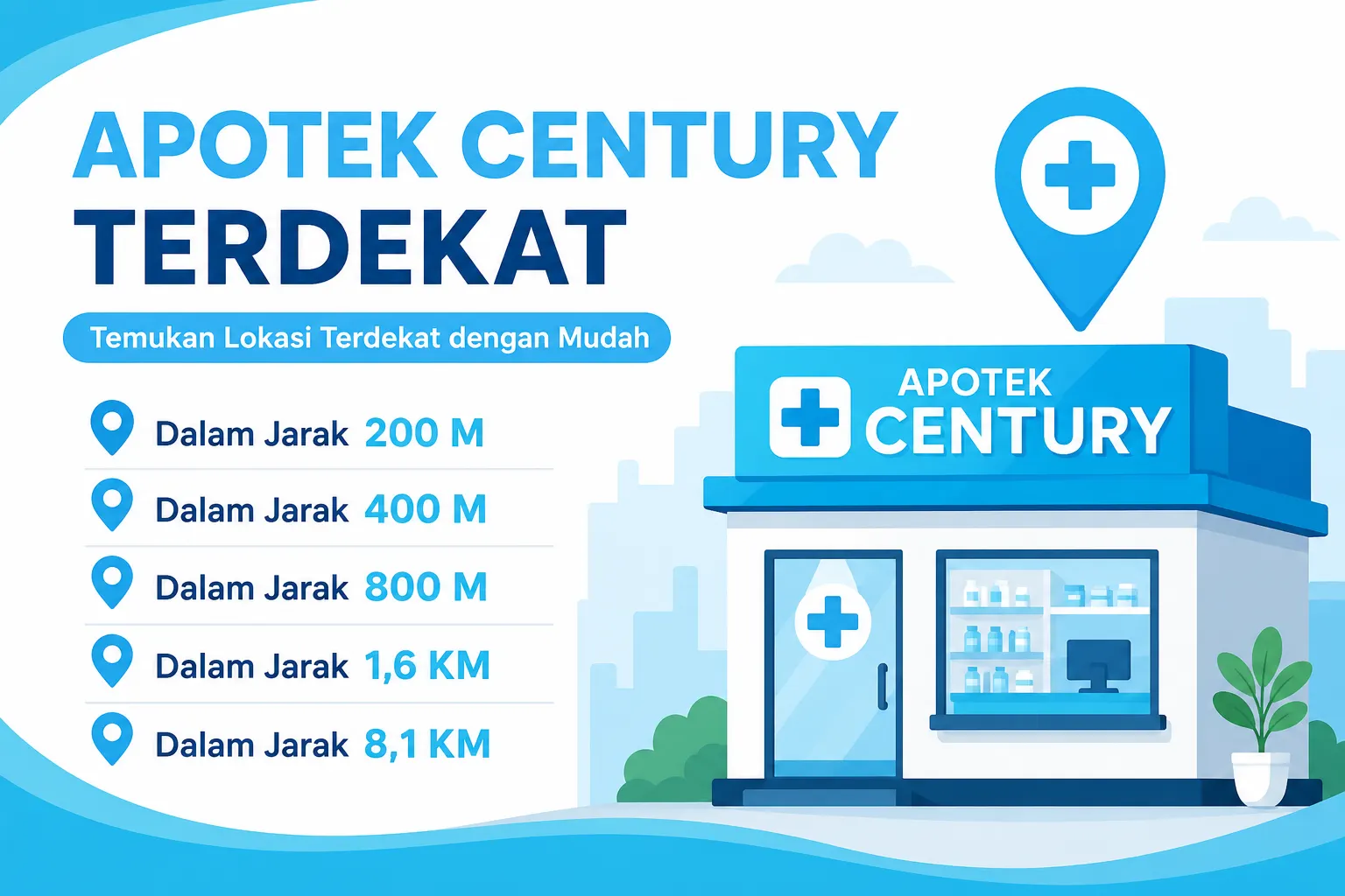 Apotek Century Terdekat dalam Jarak 200 M, 400 M, 800 M, 1,6 KM, dan 8,1 KM
