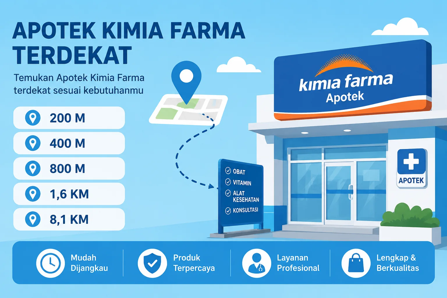 Apotek Kimia Farma Terdekat dalam Jarak 200 M, 400 M, 800 M, 1,6 KM, dan 8,1 KM