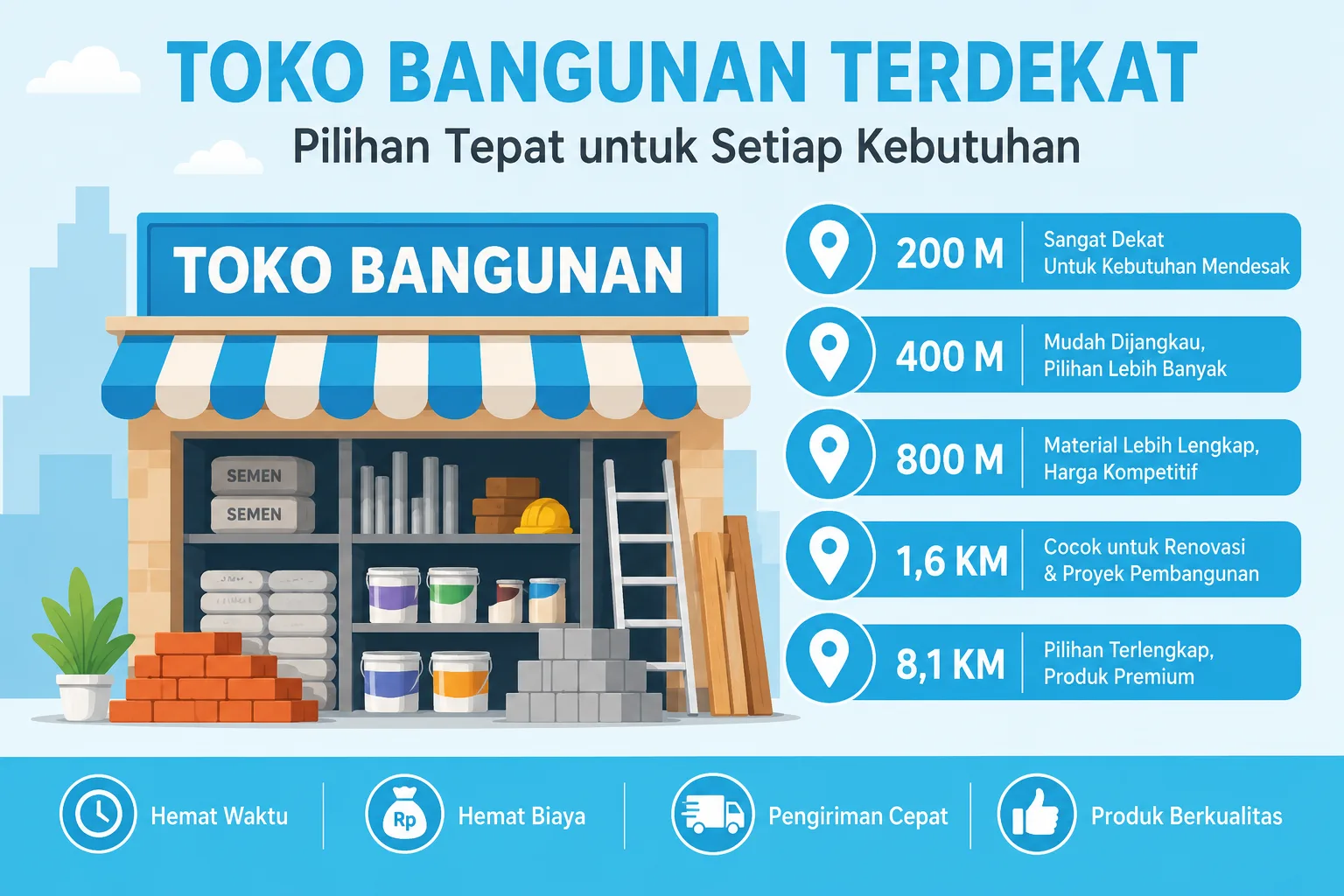 Toko Bangunan Terdekat dalam Berbagai Jarak 200 M, 400 M, 800 M, 1,6 KM hingga 8,1 KM
