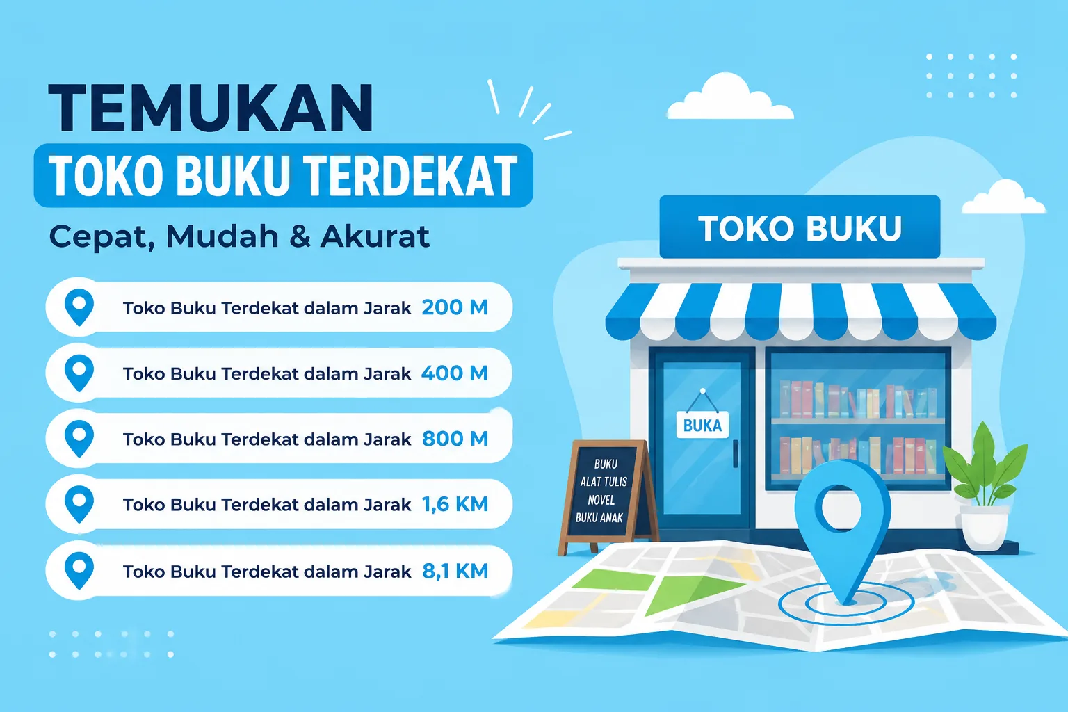 Toko Buku Terdekat dalam Jarak 200 M, 400 M, 800 M, 1,6 KM, dan 8,1 KM