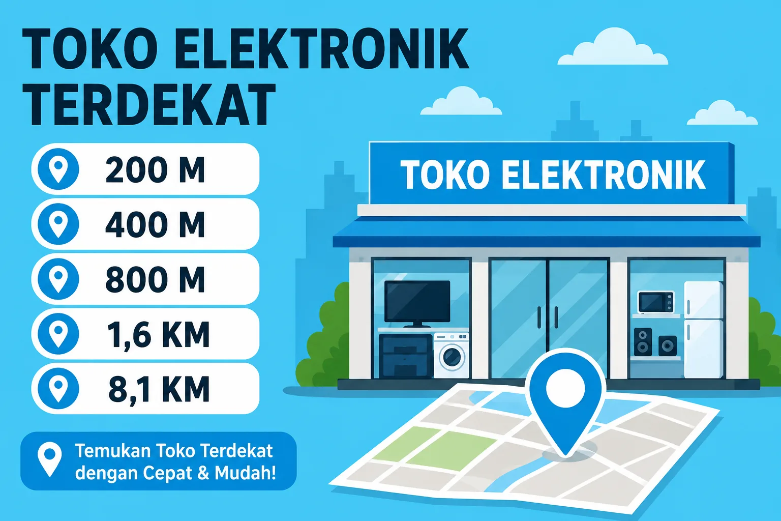Toko Elektronik Terdekat dalam Jarak 200 M, 400 M, 800 M, 1,6 KM, dan 8,1 KM
